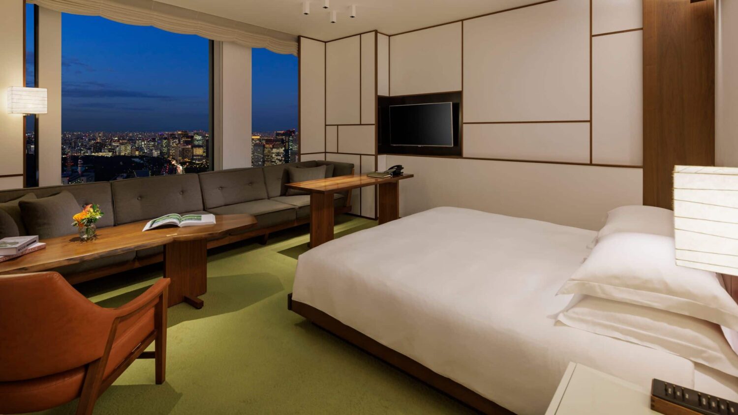 King Park View guestroom at Andaz Tokyo at night