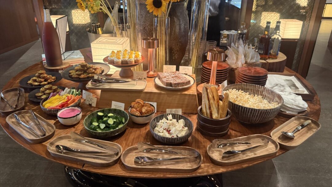 Evening appetizer spread during happy hour at Andaz Tokyo Toranomon Hills